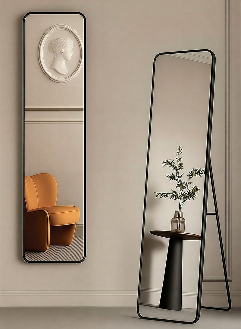 Taimi Rectangular Mirror 120x30cm with Rounded Edges, Full Length Mirror with Stand and Metal Frame, Floor Mirror, Wall Mirror Hanging or Tilt for Living Room, Bedroom, Entryway Black - Image 1